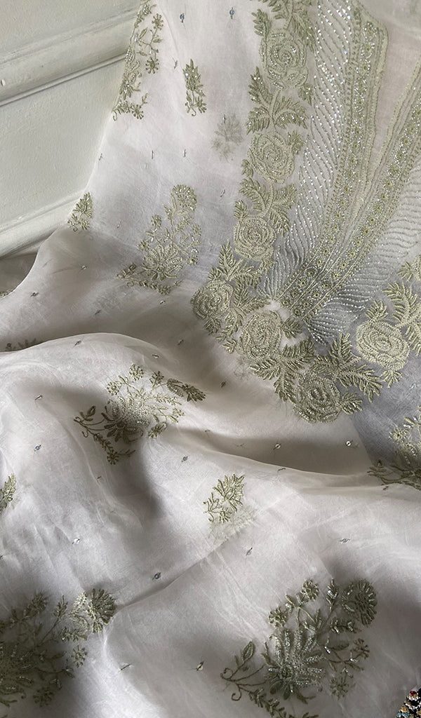 Women's Lakhnavi Handcrafted Pure Organza Chikankari Unstitched Kurta And Dupatta Set- HONC0340819