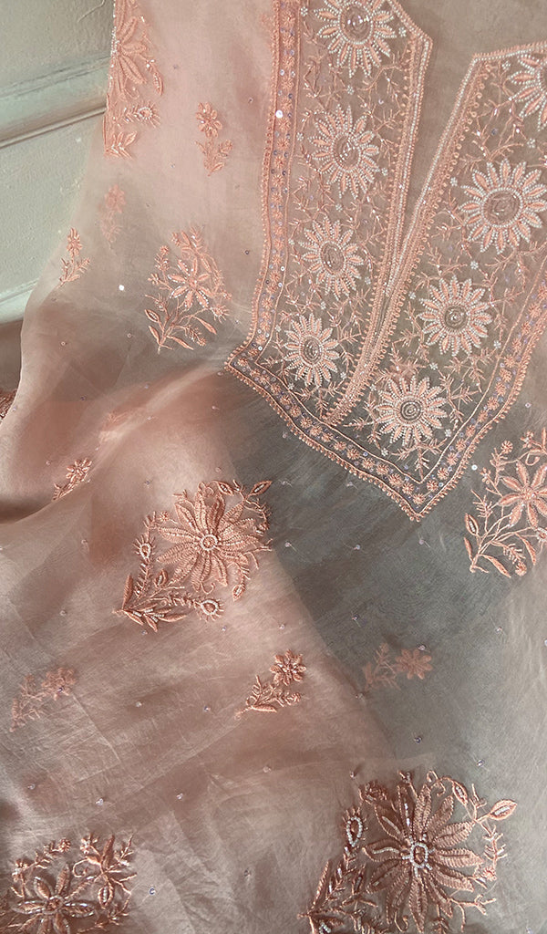 Women's Lakhnavi Handcrafted Pure Organza Chikankari Unstitched Kurta And Dupatta Set- HONC0340871