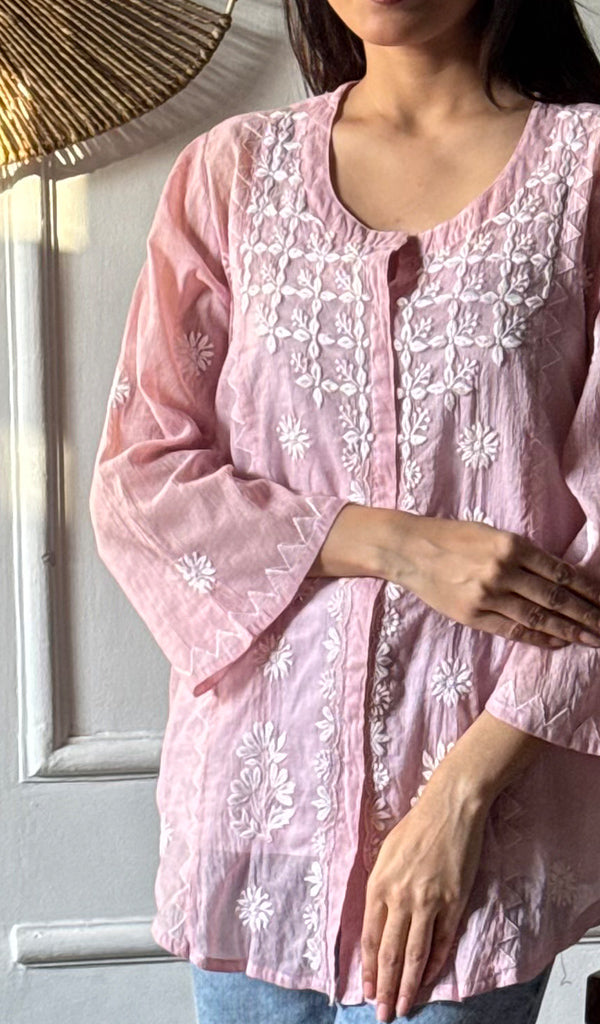Vaanya Women's Lakhnavi Handcrafted Mul Chanderi Chikankari Top - HONC0334315