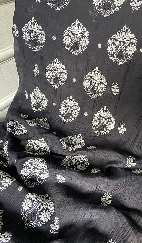 Women's Lakhnavi Handcrafted Mul Chanderi Unstitched Chikankari Full Suit Material - HONC0374241