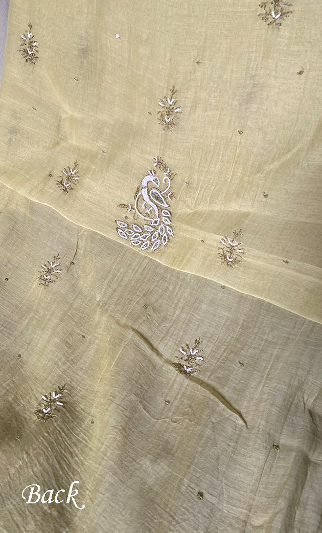 Women's Lakhnavi Handcrafted Mul Chanderi Unstitched Chikankari Full Suit Material - HONC0339571