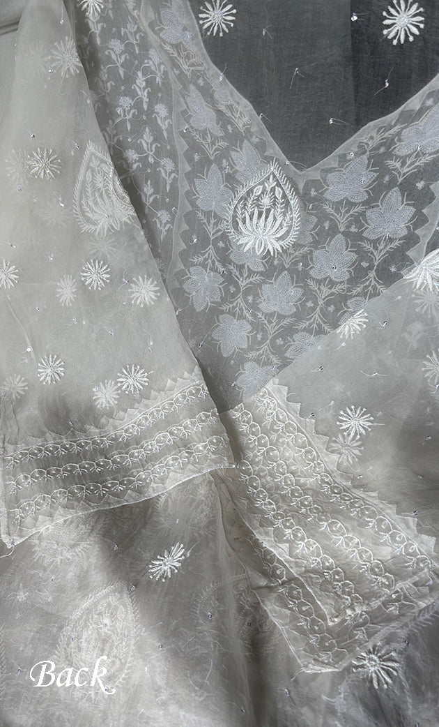 Women's Lakhnavi Handcrafted Pure Organza Chikankari Semi - stitched Kurta And Dupatta Set- HONC0322186