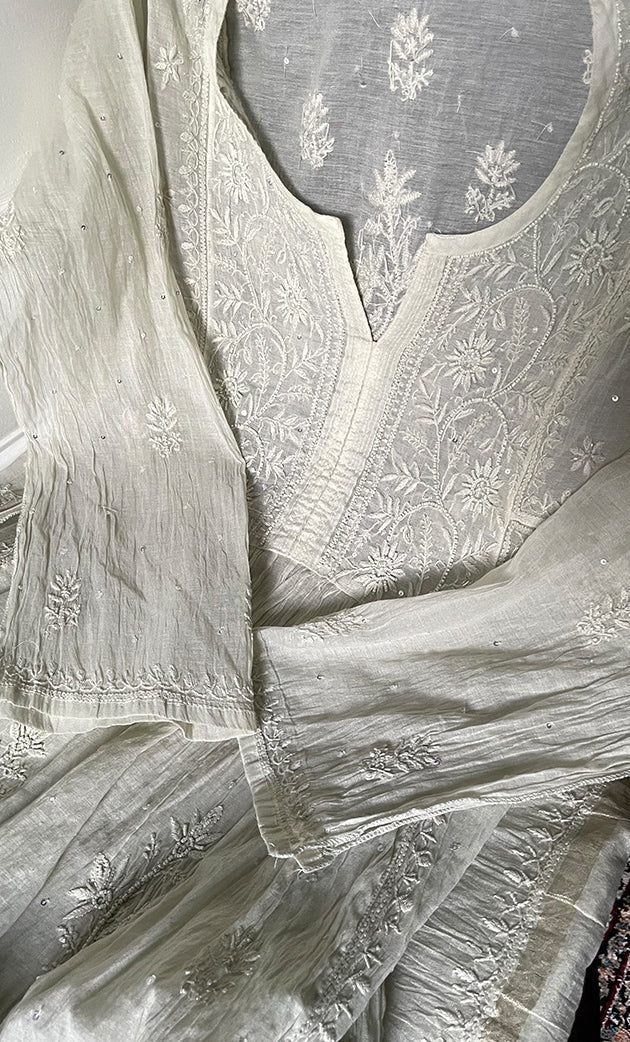 Women's Lakhnavi Handcrafted Mul Chanderi Semi - stitched Chikankari Full Suit Material - HONC0319562