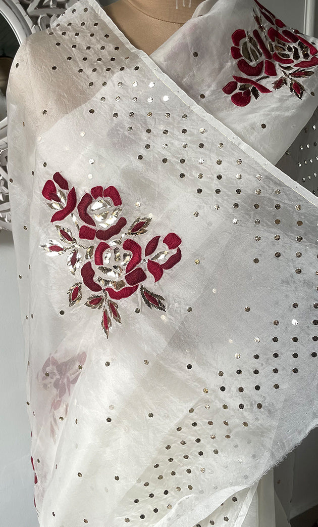 Women's Lucknowi Handcrafted Pure Organza Silk Chikankari Saree - HONC0329244