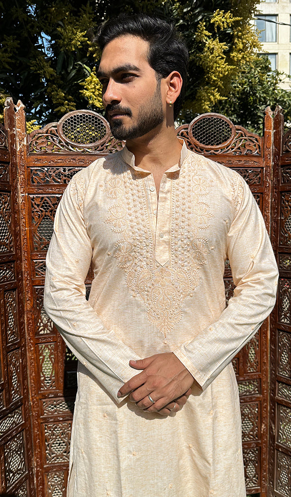 Men's Lucknowi Handcrafted Cotton Chikankari Kurta - HONC0329852