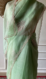 Load image into Gallery viewer, Women's Lucknowi Handcrafted Pure Organza Silk Chikankari Saree - HONC0356072