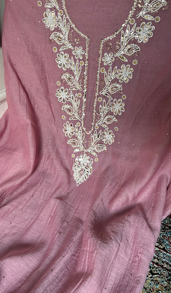 Women's Lakhnavi Handcrafted Mul Chanderi Unstitched Chikankari Full Suit Material - HONC0324546