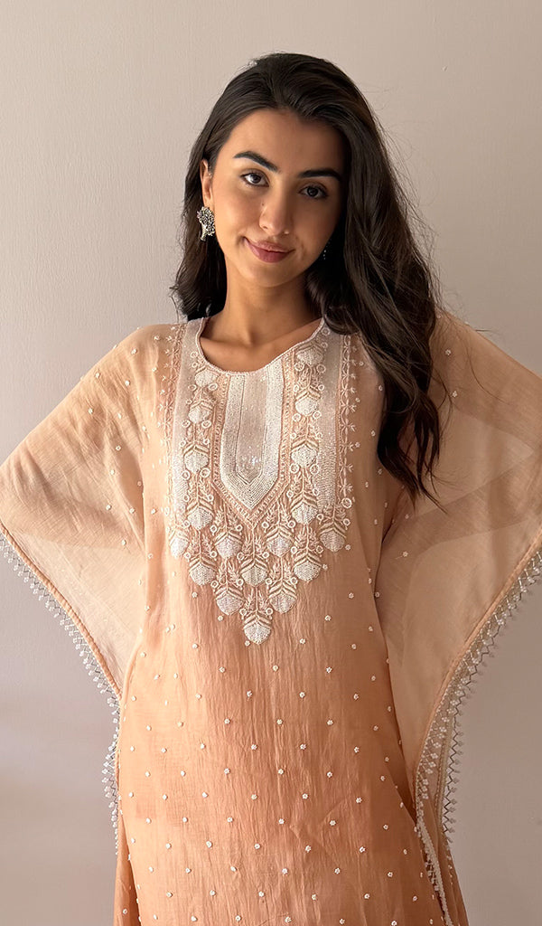 Pragya Women's Lucknowi Handcrafted Mul chanderi Chikankari Kaftan - HONC03615788