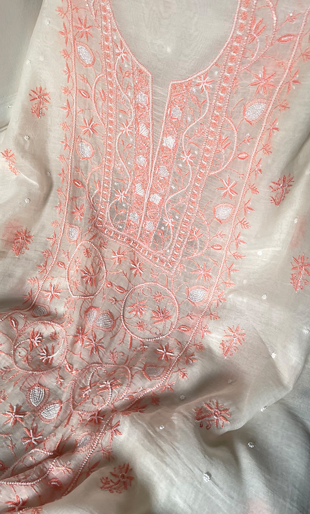 Women's Lakhnavi Handcrafted Unstitched Mul Chanderi Kurta And Dupatta Set - HONC0327490