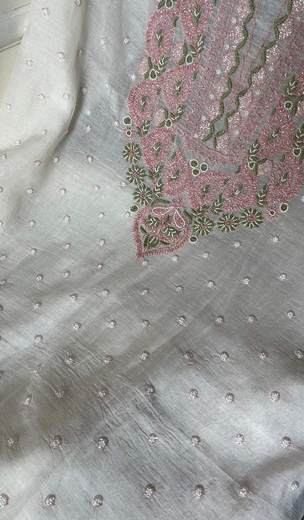 Women's Lakhnavi Handcrafted Mul Chanderi Unstitched Kurta And Dupatta Set - HONC0266433