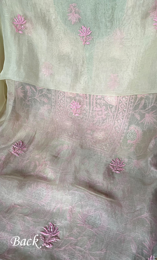 Women's Lakhnavi Handcrafted Pure Organza Chikankari Unstitched Kurta And Dupatta Set- HONC0296105