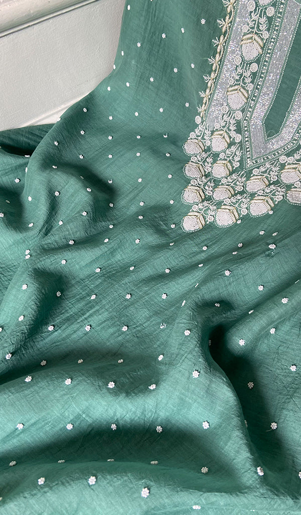 Jazba Women's Lakhnavi Handcrafted Mul Chanderi Unstitched Kurta And Dupatta Set - HONC0353911