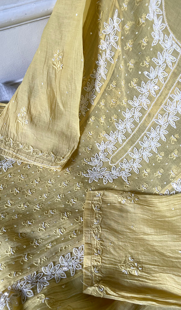 Saziya Women's Lakhnavi Handcrafted Mul Chanderi Semi - stitched Chikankari Full Suit Material - HONC0321283