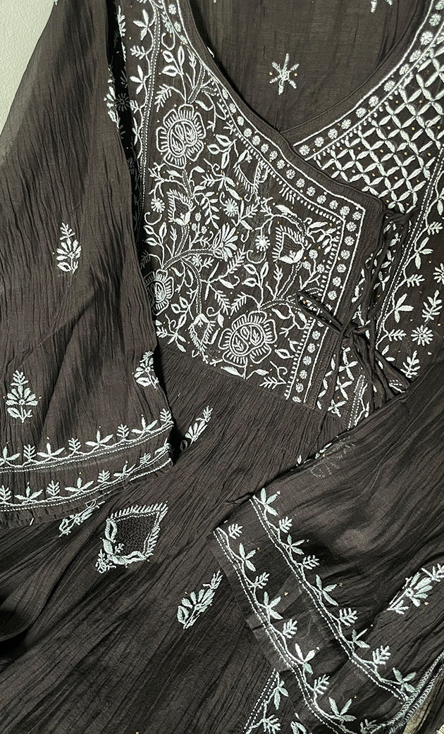 Women's Lakhnavi Handcrafted Mul Chanderi Semi-Stitched Angrakha And Dupatta Set - HONC0281965