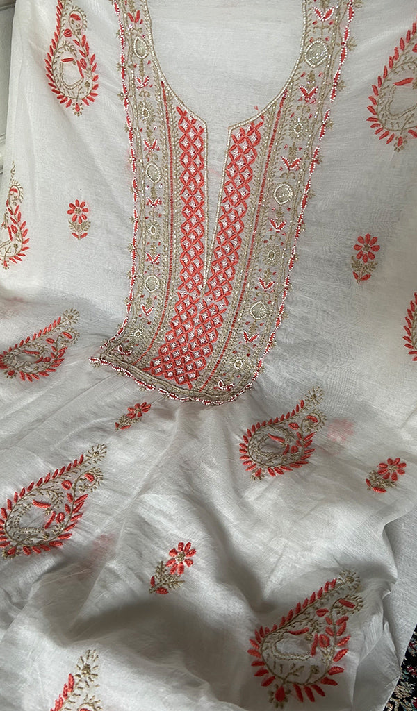 Women's Lakhnavi Handcrafted Mul Chanderi Unstitched Kurta And Dupatta Set- HONC0366817