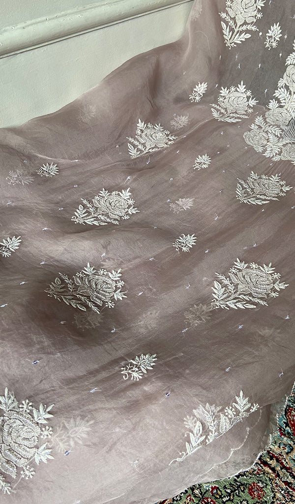 Women's Lakhnavi Handcrafted Pure Organza Chikankari Unstitched Kurta And Dupatta Set- HONC0361466