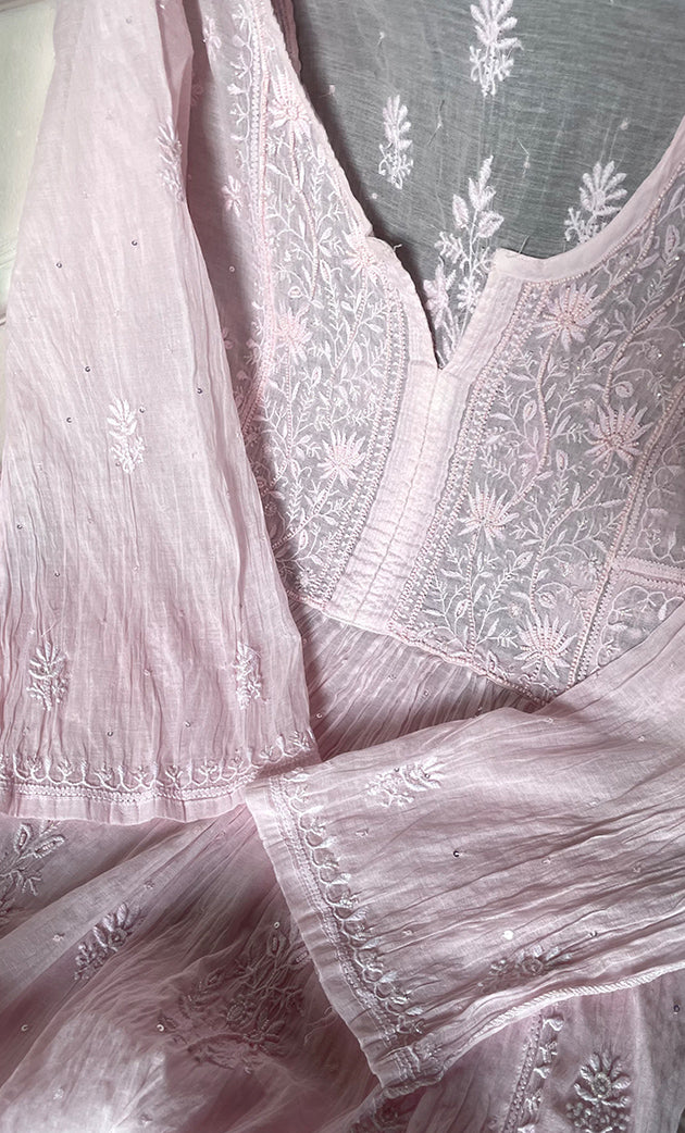 Women's Lakhnavi Handcrafted Mul Chanderi Semi - stitched Chikankari Full Suit Material - HONC0319559