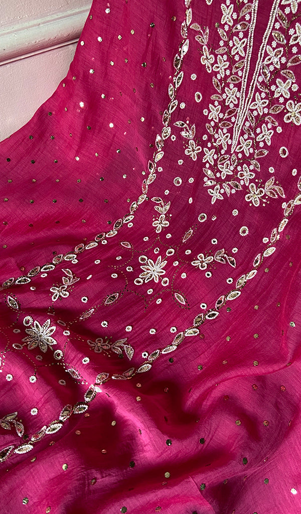 Women's Lakhnavi Handcrafted Mul Chanderi Unstitched Chikankari Full Suit - HONC0364041