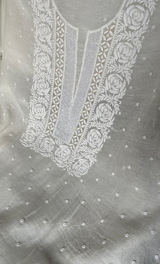 Jazba Women's Lakhnavi Handcrafted Mul Chanderi Unstitched Kurta And Dupatta Set- HONC0334538