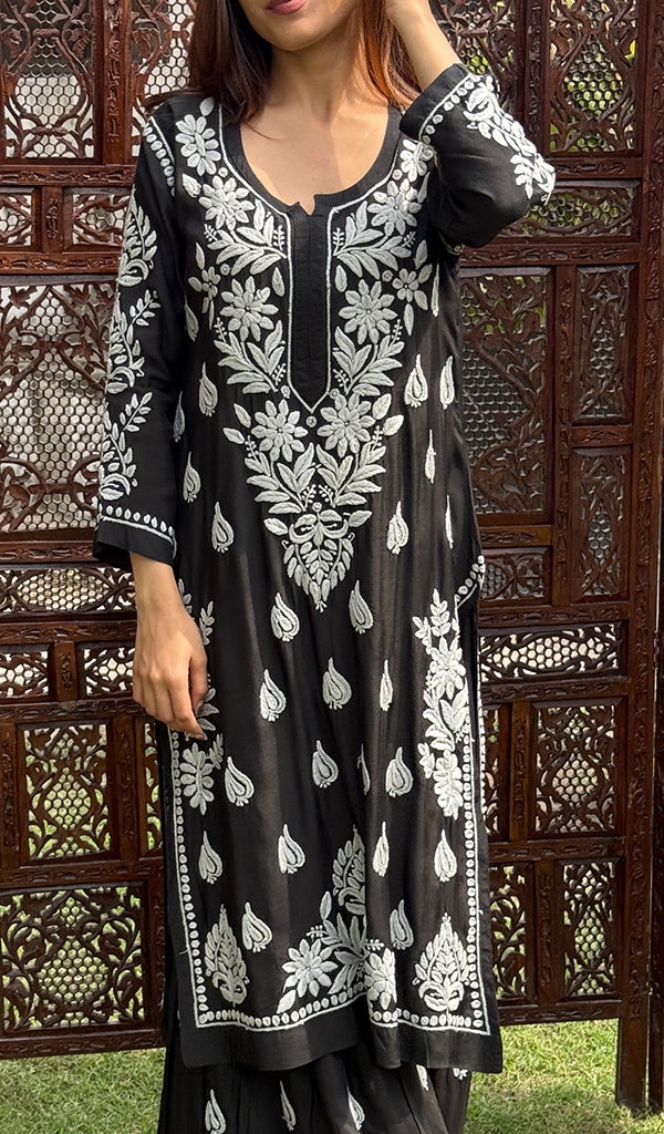 Women's Lakhnavi Handcrafted Modal Cotton Chikankari Kurta And Palazzo Set - HONC0200274
