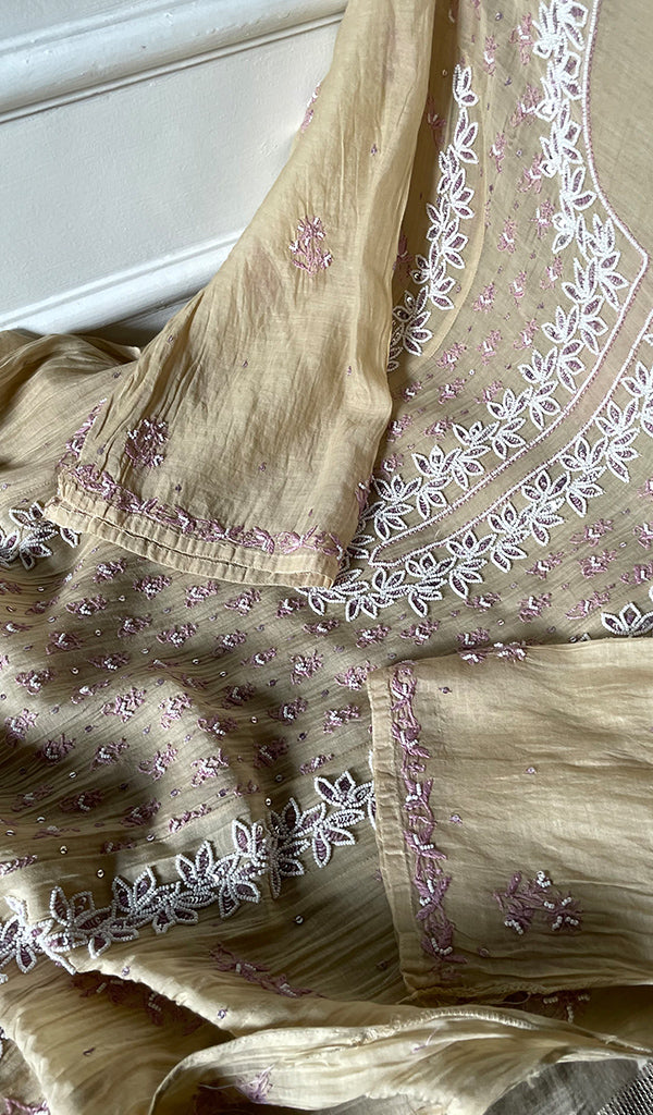 Saziya Women's Lakhnavi Handcrafted Mul Chanderi Semi - stitched Chikankari Full Suit Material - HONC0321284