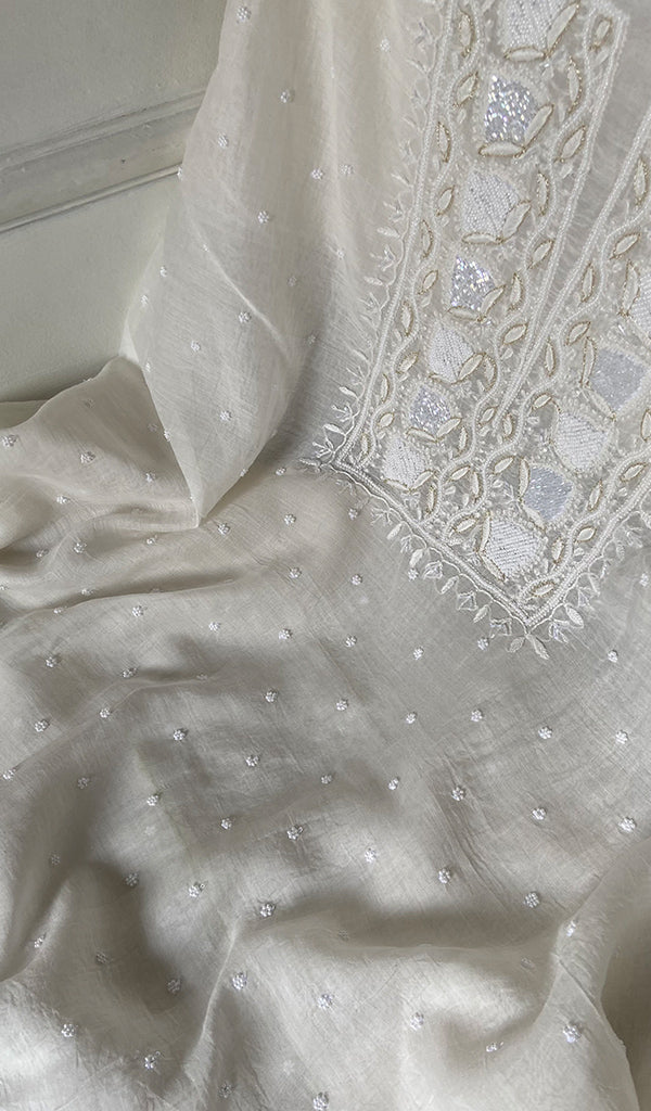 Women's Lakhnavi Handcrafted Mul Chanderi Unstitched Kurta And Dupatta Set- HONC0360371