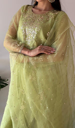 将图像加载到图库查看器中， Women's Lucknowi Handcrafted Pure Organza Silk Stitched Chikankari Kurta, Dupatta With Pant Set- HONC0368444