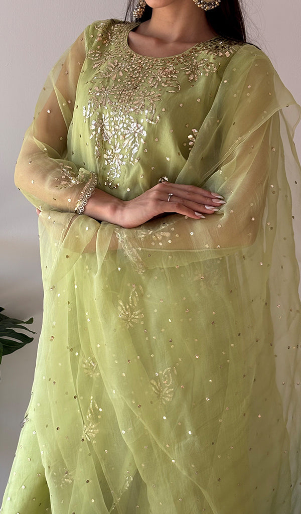 Women's Lucknowi Handcrafted Pure Organza Silk Stitched Chikankari Kurta, Dupatta With Pant Set- HONC0368444