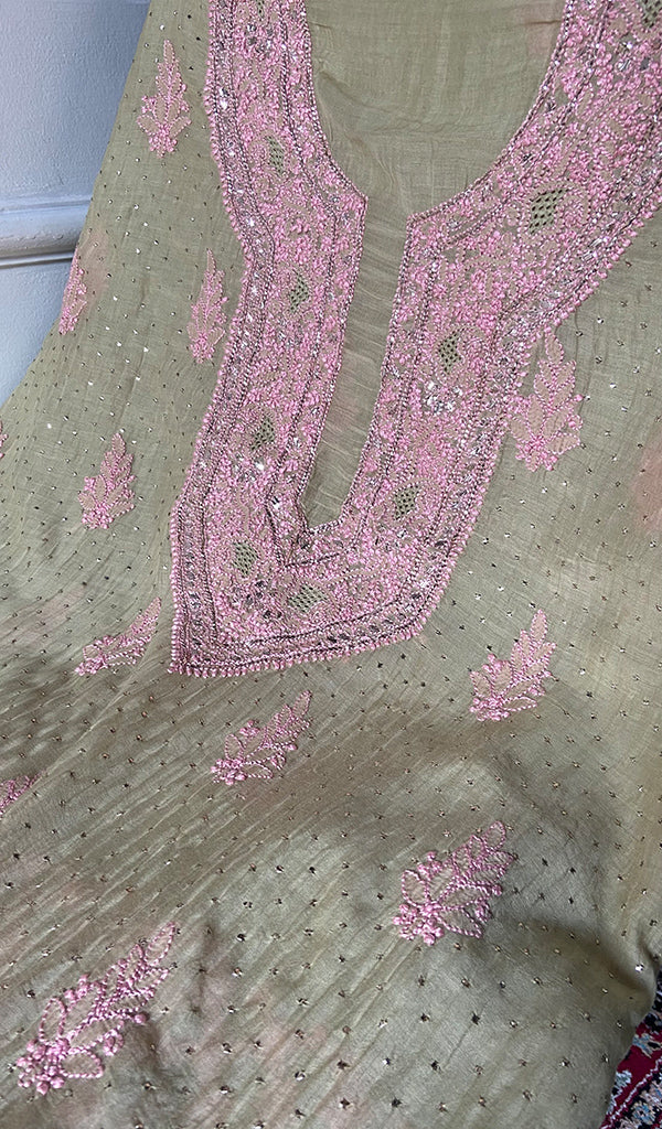 Women's Lakhnavi Handcrafted Mul Chanderi Unstitched Kurta And Dupatta Set - HONC0320356