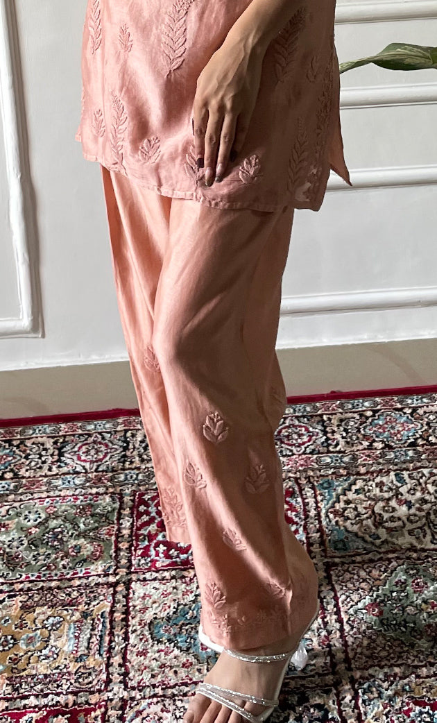 Amreena Women's Lakhnavi Handcrafted Chanderi Silk Chikankari Top And Pant Set - HONC0308126