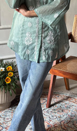 Load image into Gallery viewer, Vaanya Women's Lakhnavi Handcrafted Mul Chanderi Chikankari Top - HONC0334161