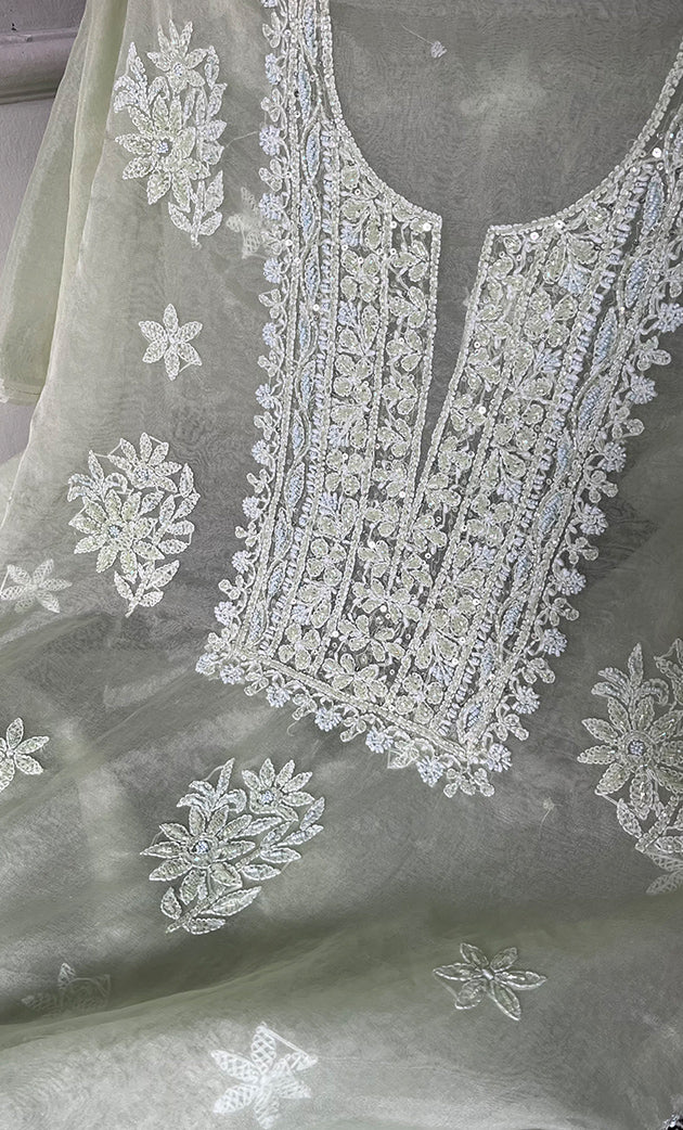 Women's Lakhnavi Handcrafted Organza Chikankari Unstitched Full Suit Material - HONC0258373