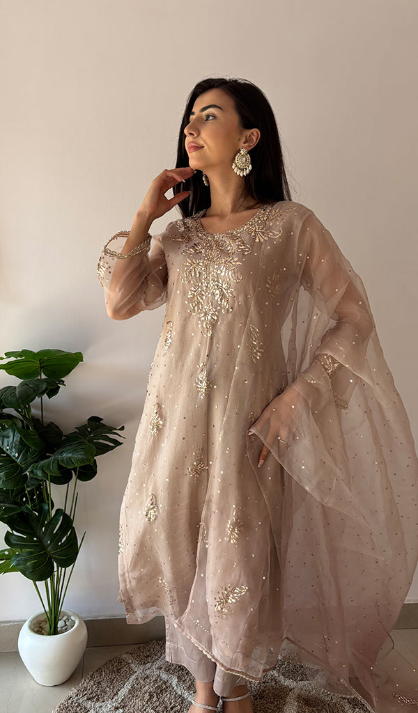 Women's Lucknowi Handcrafted Pure Organza Silk Stitched Chikankari Kurta, Dupatta With Pant Set- HONC0368443