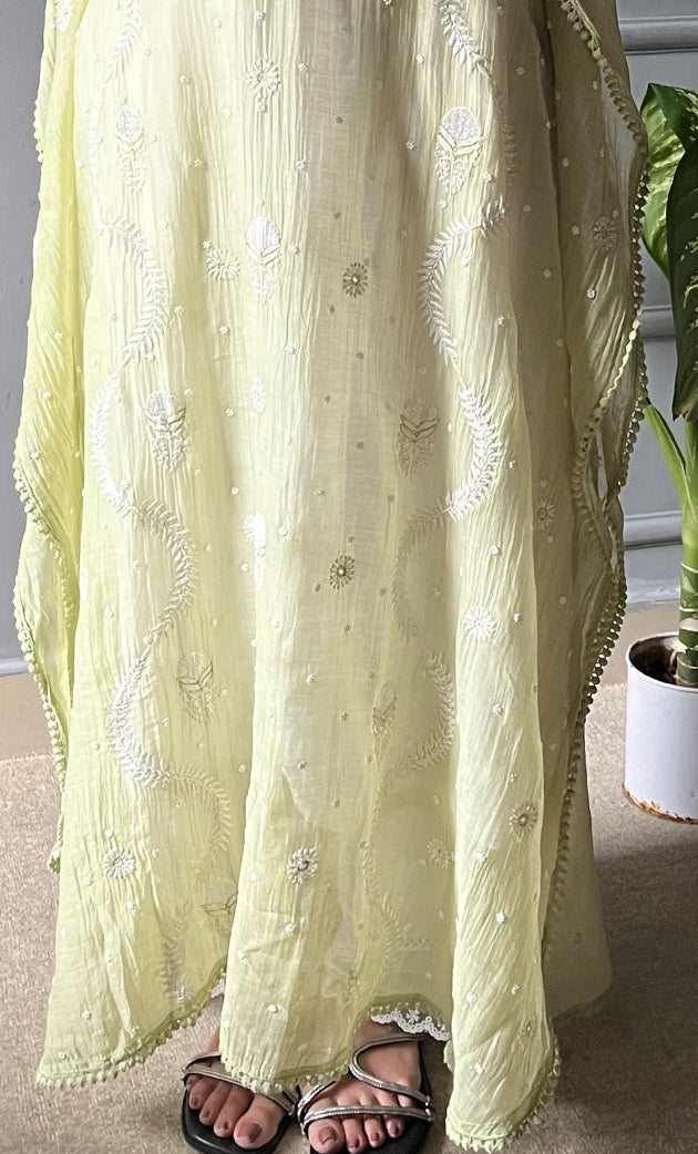 Rabia Women's Lucknowi Handcrafted Mul chanderi Chikankari Kaftan - HONC0304371