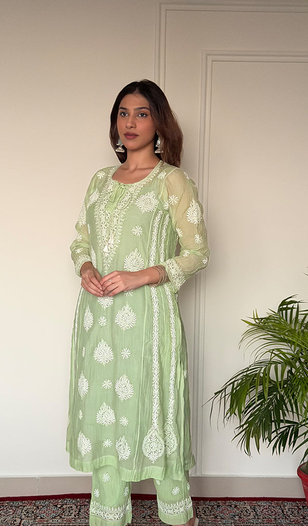 Ira Women's Lucknowi Handcrafted Mul Chanderi Stitched Chikankari Kurta And Plazzo Set .