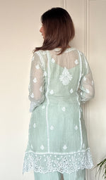 Women's Lucknowi Handcrafted Mul Chanderi Stitched Chikankari Short Kurta And Plazzo Set .