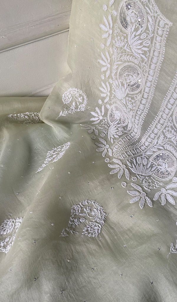 Women's Lakhnavi Handcrafted Pure Organza Chikankari Unstitched Kurta And Dupatta Set- HONC0346144