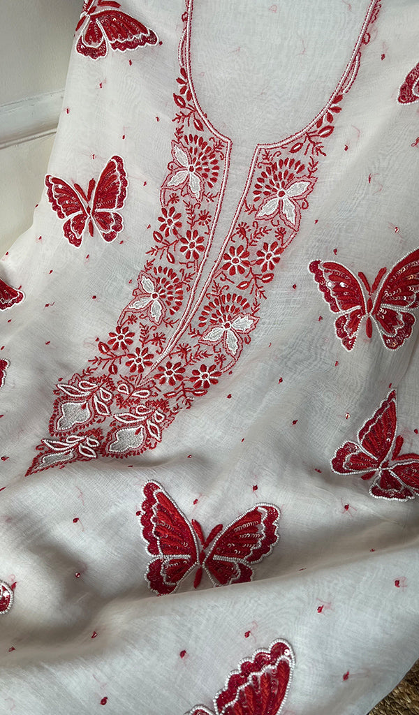 Women's Lakhnavi Handcrafted Mul Chanderi Unstitched Kurta And Dupatta Set - HONC0288844