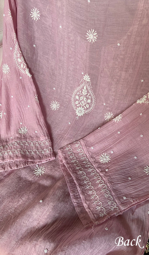 Women's Lakhnavi Handcrafted Mul Chanderi Semi - Stitched Chikankari Full Suit Material - HONC0360100