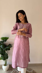 Load image into Gallery viewer, Women's Lucknowi Handcrafted Chanderi Silk Chikankari Kurti - HONC0357074