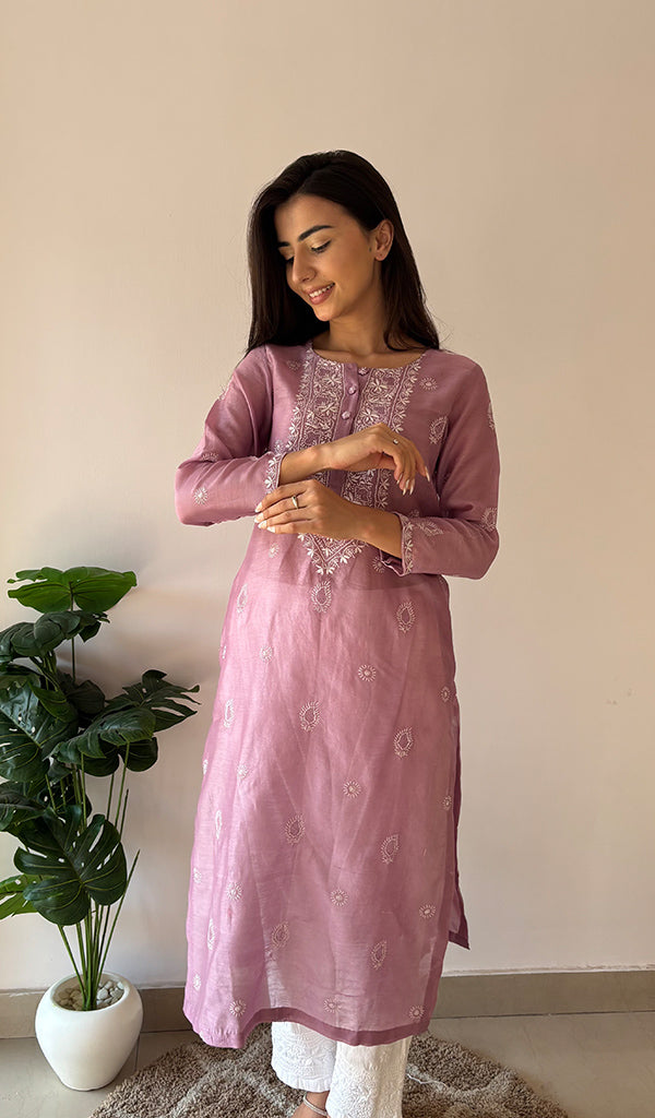Women's Lucknowi Handcrafted Chanderi Silk Chikankari Kurti - HONC0357074