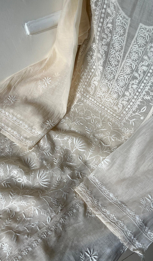Women's Lakhnavi Handcrafted Mul Chanderi Semi - Stitched Kurta And Dupatta Set - HONC0269240