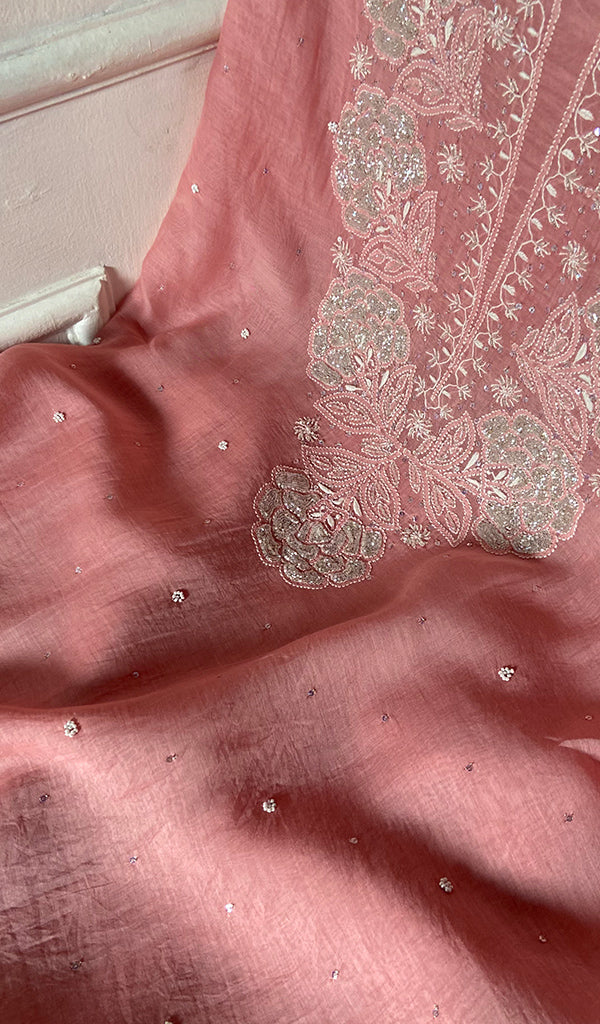 Women's Lakhnavi Handcrafted Mul Chanderi Unstitched Kurta And Dupatta Set- HONC0363910