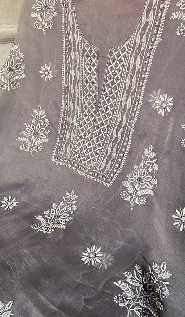 Women's Lakhnavi Handcrafted Pure Organza Chikankari Unstitched Kurta And Dupatta Set- HONC0335082