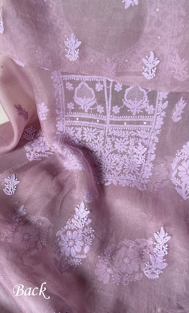 Women's Lakhnavi Handcrafted Pure Organza Chikankari Unstitched Kurta And Dupatta Set- HONC0266924