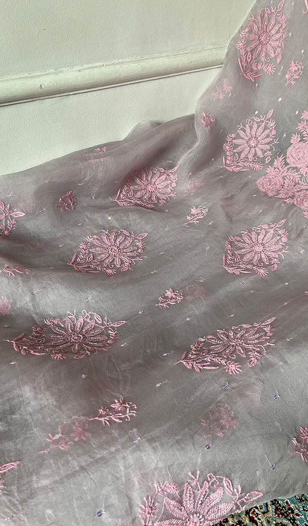 Women's Lakhnavi Handcrafted Pure Organza Chikankari Unstitched Kurta And Dupatta Set- HONC0361460