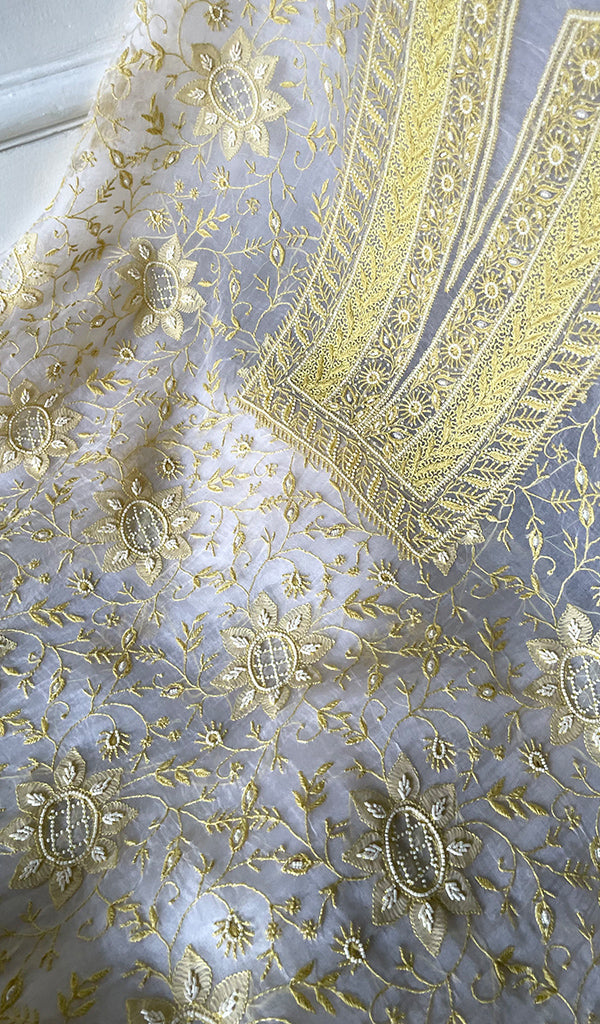 Women's Lakhnavi Handcrafted Pure Organza Chikankari Unstitched Kurta And Dupatta Set- HONC0316459