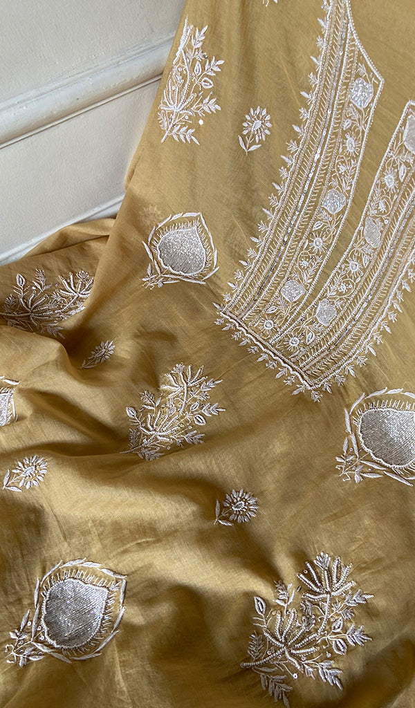 Women's Lakhnavi Handcrafted Mul Chanderi Unstitched  Chikankari Full Suit Material - HONC0334940
