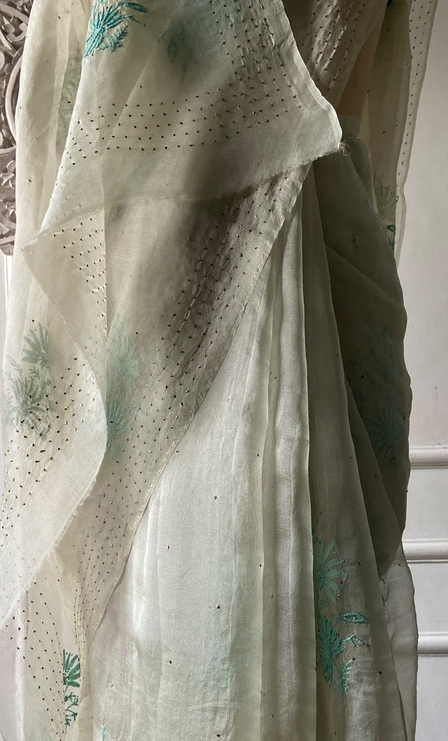 Women's Lucknowi Handcrafted Pure Organza Silk Chikankari Saree - HONC0296104