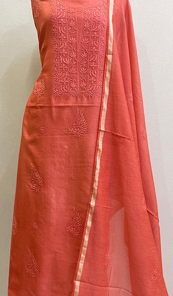 Women's Lakhnavi Handcrafted Mul Chanderi Chikankari Full Suit Material - HONC0113765